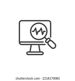 PC computer diagnostic line icon. linear style sign for mobile concept and web design. Computer monitor and magnifying glass outline vector icon. Symbol, logo illustration. Vector graphics