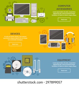 PC And Computer Equipment With Devices And Accessories Flat Color Horizontal Banner Set Isolated Vector Illustration