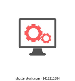 PC computer and gear icon. Web ingenering. Settings, flat colored red gears on screen.