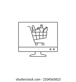 Pc computer with grocery push cart on the screen, food delivery app. Buying groceries online. Vector illustration.