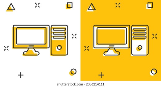 Pc computer icon in comic style. Desktop cartoon vector illustration on white isolated background. Device monitor splash effect business concept.