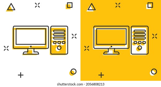 Pc computer icon in comic style. Desktop cartoon vector illustration on white isolated background. Device monitor splash effect business concept.