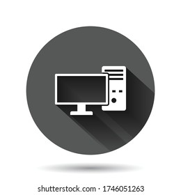 Pc computer icon in flat style. Desktop vector illustration on black round background with long shadow effect. Device monitor circle button business concept.