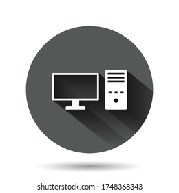 Pc computer icon in flat style. Desktop vector illustration on black round background with long shadow effect. Device monitor circle button business concept.