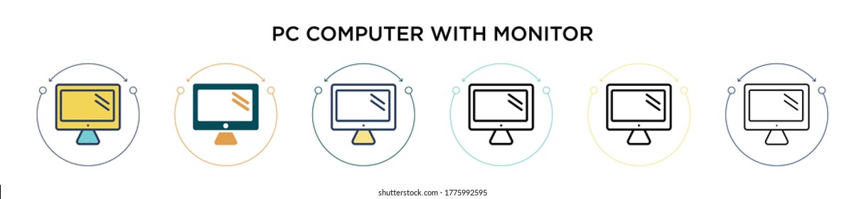 Pc computer with monitor icon in filled, thin line, outline and stroke style. Vector illustration of two colored and black pc computer with monitor vector icons designs can be used for mobile, ui,