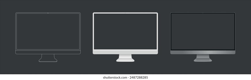 pc computer monitor mockup in clay, outline, and realistic style. Computer monitor mock up Isolated on Background. Vector illustration