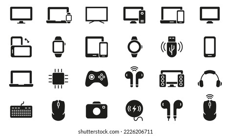 PC, PC, PC, Monitor, Smartphone, cámara, teclado, juego de iconos de silueta de auriculares. Pictograma de glifo de equipo móvil electrónico. Símbolo de dispositivos portátiles. Ilustración de vectores aislados.