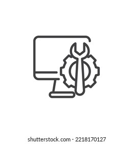 PC computer repair line icon. linear style sign for mobile concept and web design. Computer monitor with gear and wrench outline vector icon. Symbol, logo illustration. Vector graphics