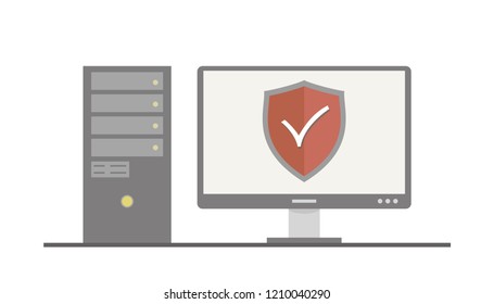 PC computer with security shield,isolated on white background,simple flat style design,vector illustration
