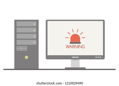 PC computer with warning text and alarm on monitor screen,isolated on white background,simple flat style design,vector illustration