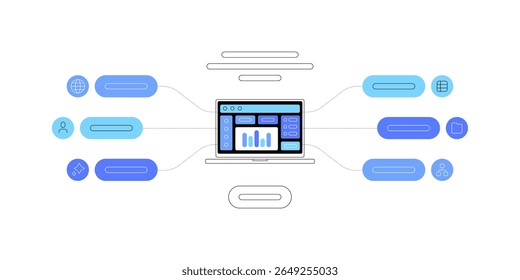 PC, computação e dados. Esquema abstrato. Gráficos simples. Arquivo vetorial.