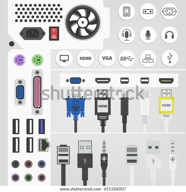 PC connectors and\
sockets illustration in flat style. Computer peripherals icons.\
Power supply, cooler, VGA, hdmi, usb, ethernet and other\
interfaces. PC back side