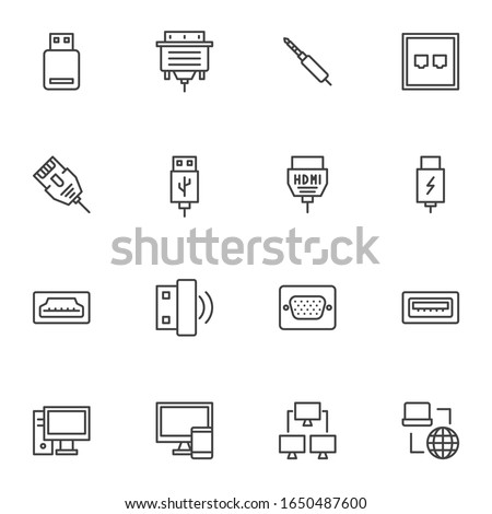 PC connectors and sockets line icons set. linear style symbols collection, outline signs pack. vector graphics. Set includes icons as HDMI cable, network connection, computer monitor, usb flash drive