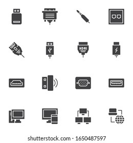 PC connectors and sockets vector icons set, modern solid symbol collection, filled style pictogram pack. Signs logo illustration. Set includes icons as HDMI cable, network connection, computer monitor