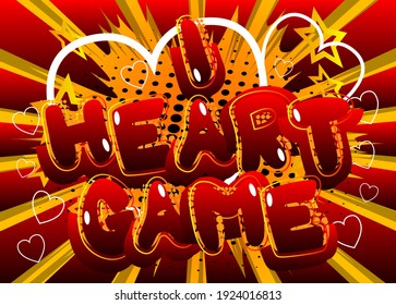 Pc oder Console Gaming verwandte Texte, im Herzspiel, Zitat auf Comic-Hintergrund. Poster, Banner, Vorlage. Cartoon Explosion Ausdruck. Vektorgrafik illustriert.