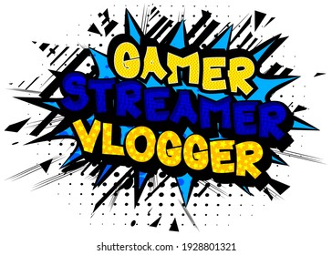 Pc o juegos de consola, palabras relacionadas con Streaming Gamer, comillas en el fondo del estilo de libro de historietas. Cartel, pancarta, plantilla. Expresión de explosión de caricatura. Vector ilustrado.