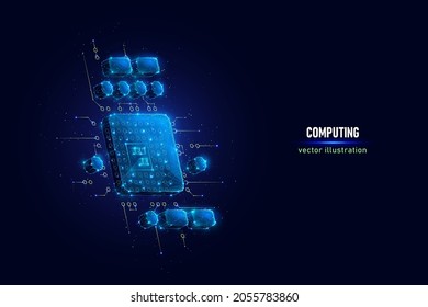 PC CPU digital wireframe made of connected dots. Symbol of personal computer central processing unit low poly vector illustration on blue background.