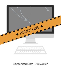 PC with cracked screen. Crime scene. Hacked attack. Do not cross police line. Yellow striped warning tape. Stock vector illustration