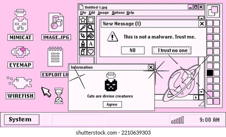 PC-Desktop mit Startmenü, Fensterkästen und Symbolen im Retro-Y2K oder 2000er-Jahre-Stil. Collage of UI and UX design elements in pastellrosa Farben.