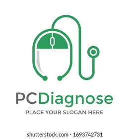 PC diagnose or medical online vector logo template. This design use mouse and stethoscope symbol.