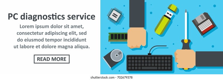 Pc diagnostics chipset service banner horizontal concept. Flat illustration of pc diagnostics chipset service banner horizontal vector concept for web