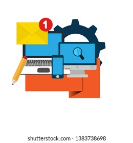 Pc with envelope vector illustration, symbol of email receiving, service, notification. new message concept. flat design