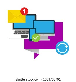 Pc with envelope vector illustration, symbol of email receiving, service, notification. new message concept. flat design