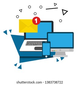 Pc with envelope vector illustration, symbol of email receiving, service, notification. new message concept. flat design