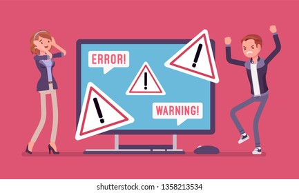 PC error and warnings for users. Angry male and female clients near monitor indicating potential hazard, attention symbol, urgent information displayed on device alerts of problem. Vector illustration