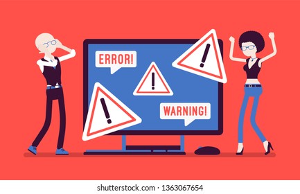 PC error, warnings for users. Angry male, female clients at monitor indicating hazard, attention symbol, information displayed on device alerts of problem. Vector illustration, faceless characters