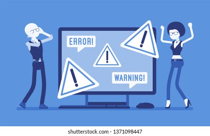 PC error, warnings for users. Angry male, female clients at monitor indicating hazard, attention symbol, information displayed on device alerts of problem. Vector illustration, faceless characters