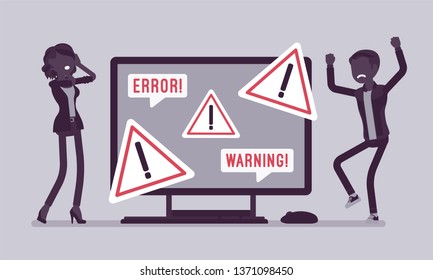 PC error, warnings for users. Angry male, female clients near monitor indicating potential hazard, attention symbol, information on device alerts of problem. Vector illustration, faceless characters