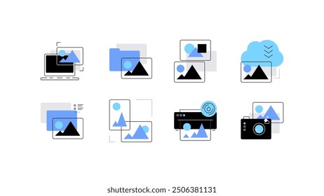 Pc, files, images and photography. Set of flat illustrations. Vector file.