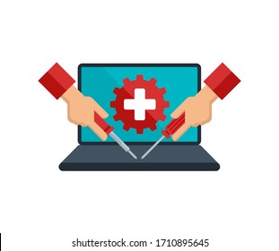 PC fixing (computer healing) service icon - laptop with medical cross on display and human yands holding screwdriver and  soldering tool - isolated vector technical service illustration
