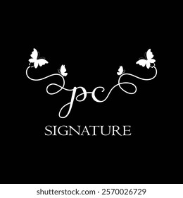 PC Handwritten initial letter, PC simple signature vector logo with butterfly shape variation, beauty, photography letter logo design. P C