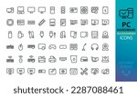 PC Hardware and accessories icons set. Set of computer parts, CPU, GPU, SSD, PC Case, wireless mouse, keyboard, flash drive, usb cable, mic, cam, headphones, usb hub, computer cable vector icons