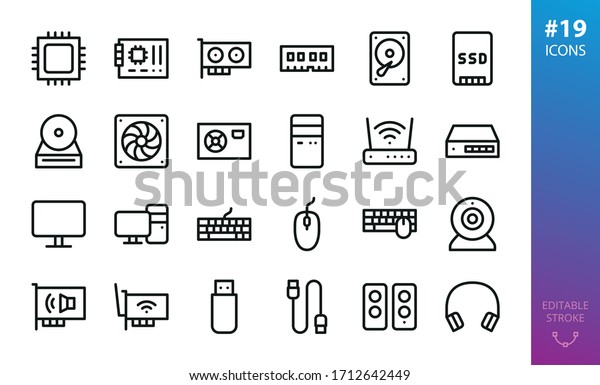 PC Hardware isolated icons set. Set of CPU,\
motherboard, video graphics card, RAM, HDD, SSD, PC case, wifi\
router, ethernet switch, desktop computer, mouse, keyboard, webcam \
outline vector icon