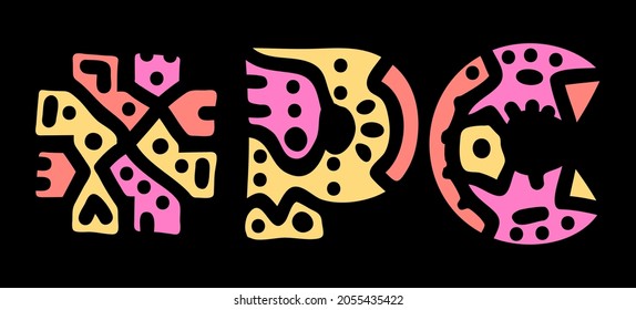 PC Hashtag. Doodle isolate text. Colored curves decorative doodle letters. Trendy popular Hashtag #PC for Personal Computer, banner, flyer. Stock vector.