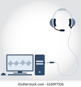 PC and headphone with microphone unplugged. Sound wave symbol showing on monitor. Empty space for insert text. Flat design.