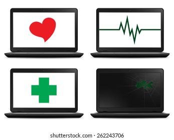 Pc Health Concept, Realistic Vector Illustrations of Laptops Turned On and Off