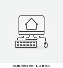 PC with House line icon. Working at Home vector outline concept symbol