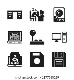 pc icon. 9 pc vector icons set. desk, office worker sleeping on his desk at job and joystick icons for web and design about pc theme