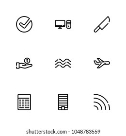 PC icon with building, knife and check editable symbols. Set of calculate, cutlery, metropolis icons and charity concept. Editable vector elements for logo app UI design.