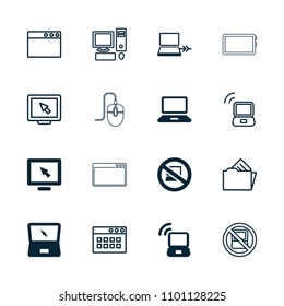 Pc icon. collection of 16 pc filled and outline icons such as display, laptop, laptop signal, browser window, document in folder, mouse. editable pc icons for web and mobile.