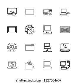 Pc icon. collection of 16 pc outline icons such as no laptop, finger on tablet, laptop, tablet, browser window. editable pc icons for web and mobile.