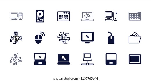 Pc icon. collection of 18 pc filled and outline icons such as mouse, laptop, display, tablet, computer mouse, hard disc, cpu planet. editable pc icons for web and mobile.