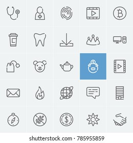 PC icon with email, coffee cup and internet editable symbols. Set of film, apartment, teapot icons and play video concept. Editable vector elements for logo app UI design.