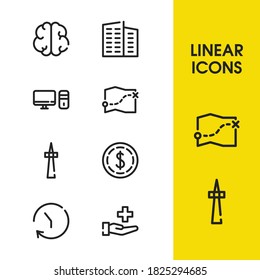 PC icon with map, dollar and brain symbols. Set of medical, route, antenna icons and antenna concept. Editable vector elements for logo app UI design.