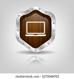 pc icon on glossy wooden shield.Vector illustration