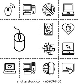Pc icon. set of 13 outline pcicons such as no laptop, finger on tablet, mouse, laptop with heart, laptop, pc, computer mouse, hard disc, cpu in heart